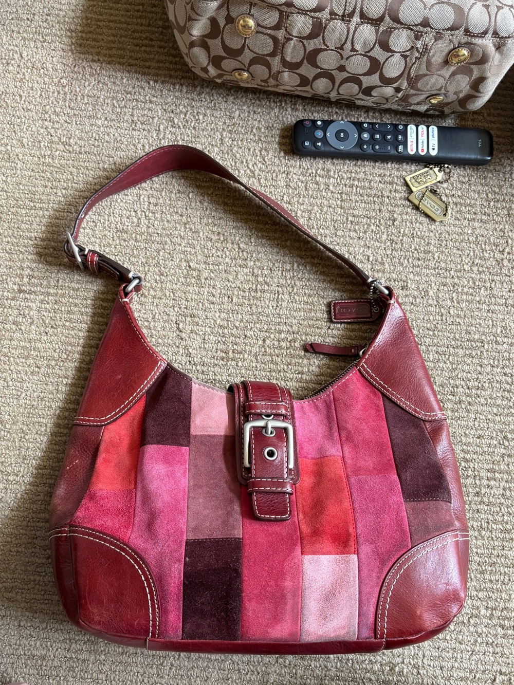 Coach Patchwork Suede and Leather Hobo in Pink and Red Tones